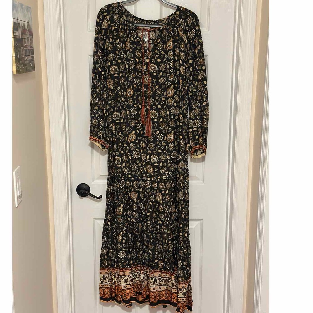 Natural Life Viscose Lula Ruffled Maxi Dress - Black Orange Border- Size Large